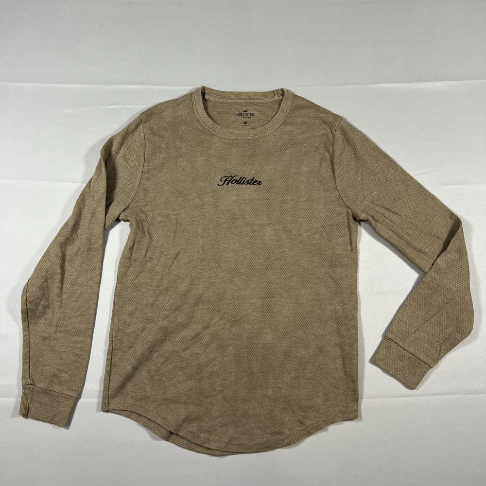 Hollister T Shirt Mens XS Brown Waffle Knit Curved Hem Long Sleeve Crew Neck